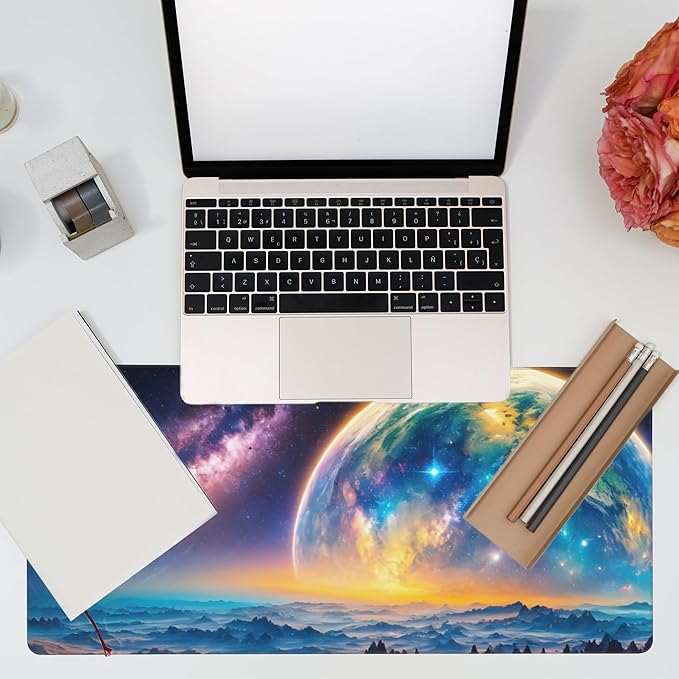 Eflxamz Desk Mat,Galaxy Earth Planet Desk Pad,Science Fiction Cosmic Large Gaming Mouse Pad for Desk,Extended Big Computer Keyboard Mouse Pad with Non-Slip Base and Stitched Edge,35.4"x15.7"