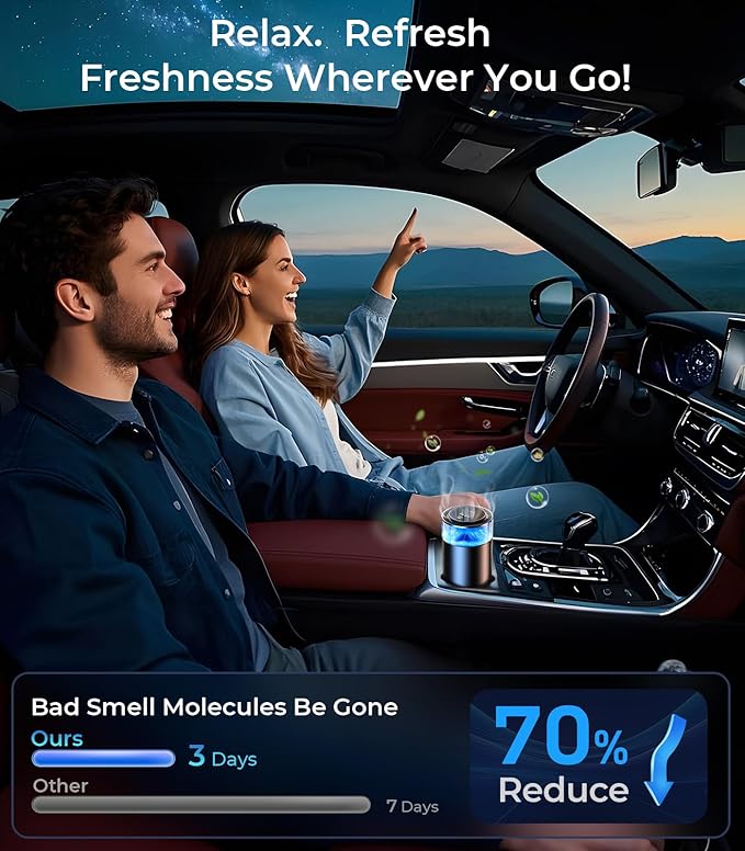 Hitolza Smart Car Air Fresheners, Ambient Light & Mist Fragrance, Auto On/Off Car Air Freshener Diffuser, Adjustable Intensity, Lasts 6 Months, Built-in Battery, Premium Scents Refill X2 - Vanilla