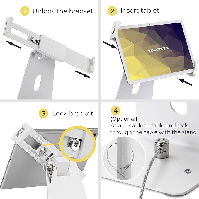 Volcora Anti-Theft Tablet Stand iPad Kiosk Stand with Lock, White 10-13'' iPad Stand for Desk, Swivel, Adjustable iPad Holder for Desk, iPad Mount for Desk for POS Register, Retail Business, Cashier