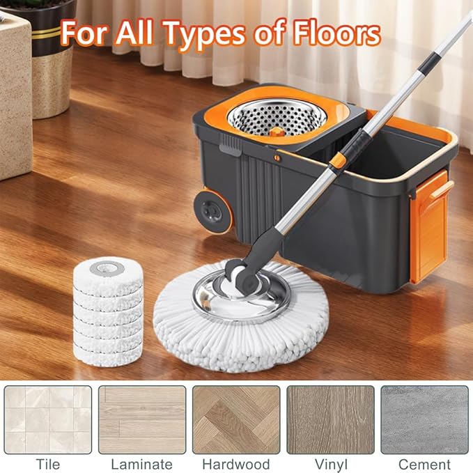 360 Spinning Floor Cleaning System with 6 Extra Refills Heads Extended Handle Household Cleaning Automatic Cleaning with Bucket for Household Floor Cleaning (Grey Orange)