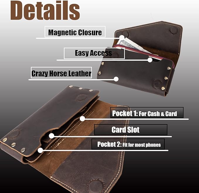 Topstache Leather Phone Holster for iPhone 17/16/15 Pro Max, Galaxy S25/S24 Ultra - Belt Loop Cell Phone Case - Leather Card Holder Wallet Belt Pouch - Fit Protective Case on, XL,Darkbrown