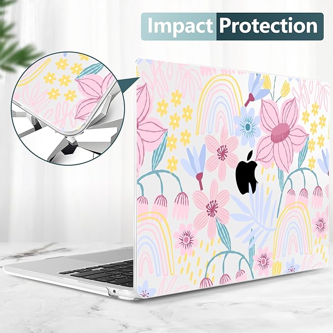 TWOLSKOO for MacBook Air 15 inch Case 2026 2025 2024 2023 Release M5 A3448 M4 A3241 M3 A3114 M2 A2941, Plastic Hard Shell & Screen Protector & Keyboard Cover & Type C Adapter, Floral Spring