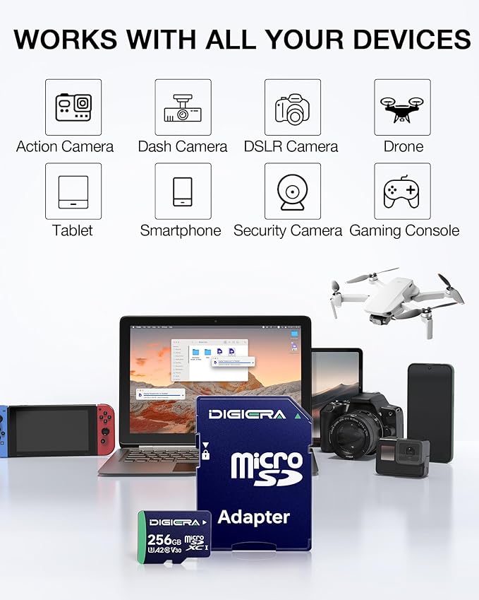 DIGIERA 256GB CT100 microSDXC UHS-I Memory Card with Adapter - up to 100MB/s, C10, U3, V30, 4K UHD, A2, Micro SD Card for Smartphones, Tablets, Cameras, Gaming Consoles, and Drones (1 Pack)
