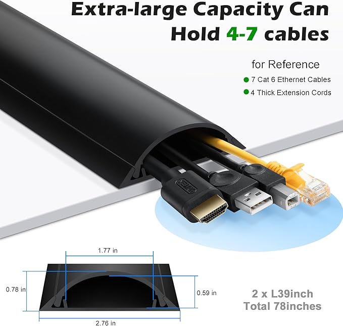 ZhiYo Cord Cover Floor, Large Capacity Floor Cable Cover, Hard PVC Cord Hider, Wire Cable Management Raceway, Black, Cord Cavity - 1.8"(W) x 0.6"(H)