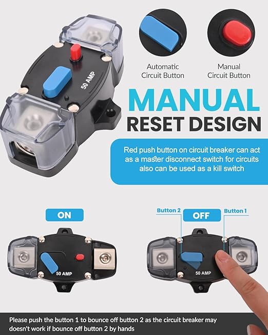 BULVACK 50 Amp Circuit Breaker with Manual Reset Waterproof Inline Fuse Inverter for Marine Trolling Motors Boat ATV Manual Power, Suface Mount, 12V-48V DC