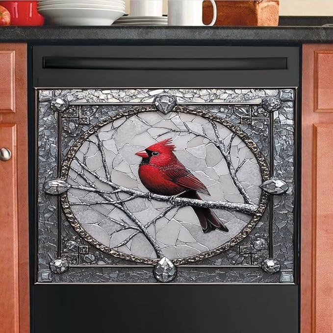 Cardinal Magnet Dishwasher Door Cover Retro Silver Gray Vinyl Panel Decal, Refrigerator Magnetic Skins Cover Reusable Dishwasher Sticker, 23" x 17" Magnetic