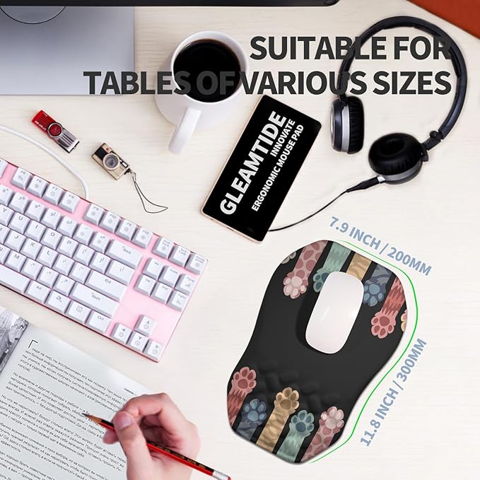 Gleamtide Ergonomic Raised Mouse Pad Wrist Support with Bilateral Slope Memory Foam Mousepad for Wrist Rest and Carpal Tunnel Pain Relief 11.8x7.9〃Cat Claws