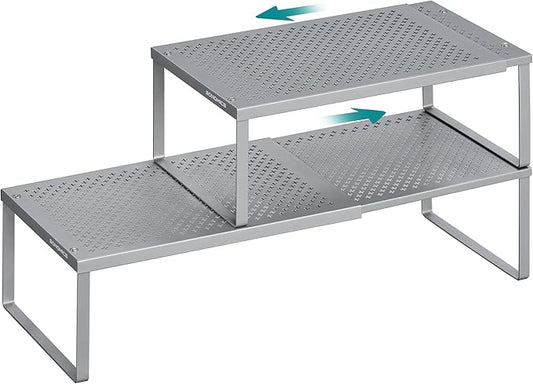 SONGMICS Spice Racks, Set of 2 Expandable Kitchen Countertop Shelves, Small Cupboard Organizers, Metal, Space-Saving Tabletop Shelves, Silver UKCS402FG01