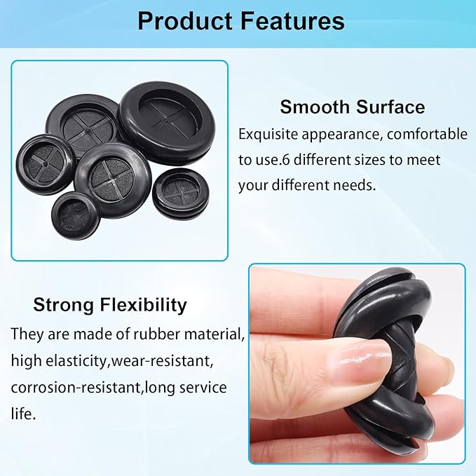Hmknana 53Pcs Rubber Grommet Kit, 6 Sizes Firewall Grommets Rubber Hole Plugs for Wiring, Automotive Firewall, Cabinet Cable Protection, 5/8" 13/16" 7/8" 1" 1-3/16" 1-1/2" Drill Hole Rubber Gaskets
