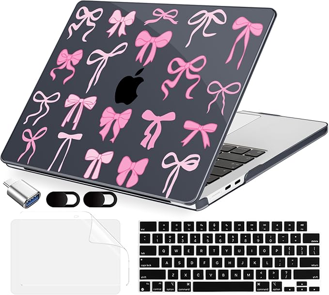 MecBevia Compatible with 2026 M5 MacBook Air 15 inch Case, 2026 2025-2023 M5 A3448 M4 A3241 M3 A3114 M2 A2941, Keyboard Cover, Screen Protector, Webcam Cover & Type-C OTG, Black Bows