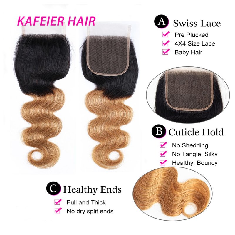 4x4 Lace Closure - 1B27 Ombre Body Wave Brazilian Human Hair Extensions | Pre-Plucked, Bleached Knots, 16 Inch