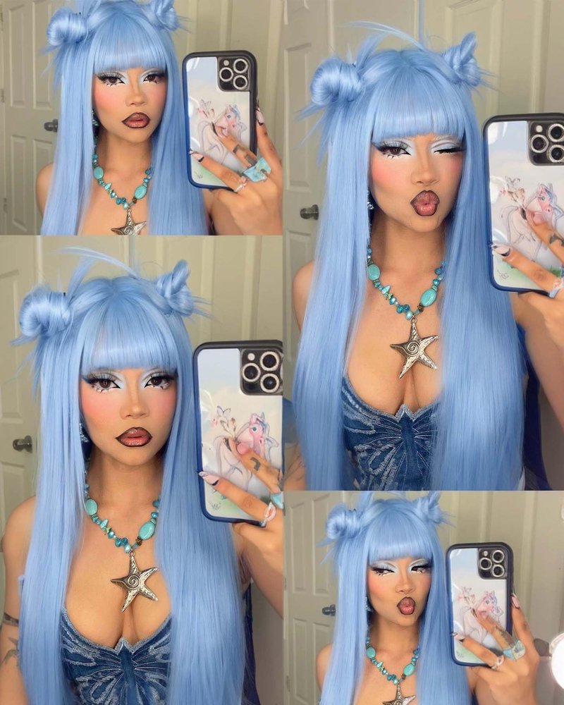 Lady Hanne Long Straight Wig With Bangs Light Blue Silky Straight Hair Wigs for Women 28 Inch Synthetic Heat Resistant Fiber Wig for Cosplay Daily Party Use