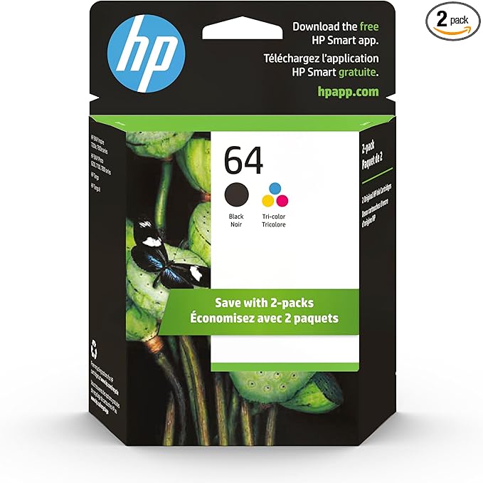 HP 64 Black & Tri-Color Ink Cartridges Printers (Combo Pack) | Works with Printer Series: Inspire 7950e; Envy Photo 6200, 7100, 7800; Tango | Eligible for Instant Ink | X4D92AN