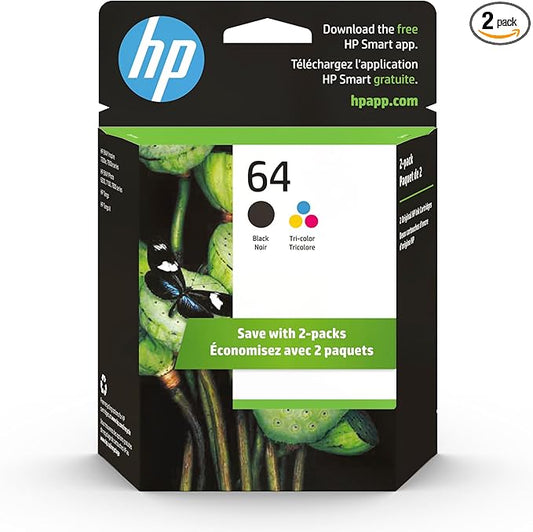 HP 64 Black & Tri-Color Ink Cartridges Printers (Combo Pack) | Works with Printer Series: Inspire 7950e; Envy Photo 6200, 7100, 7800; Tango | Eligible for Instant Ink | X4D92AN