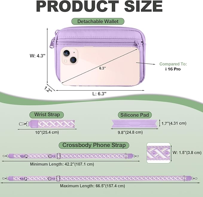 YFWE Clip and Go Strap for Phone with Wallet Crossbody, Adjustable Phone Lanyard with Detachable RFID Wristlet Wallet, Pattern Strap, Purple (M)