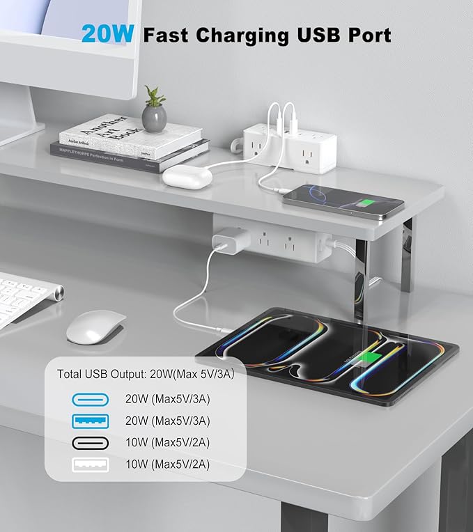 Dual Layer Desk Clamp Power Strip with 4 USB Ports(20W USB-C) & 15 AC Outlets, Desktop Edge Mount Surge Protector, Ultra Thin Flat Plug & 5FT Power Cord for Office Home(ETL Listed)