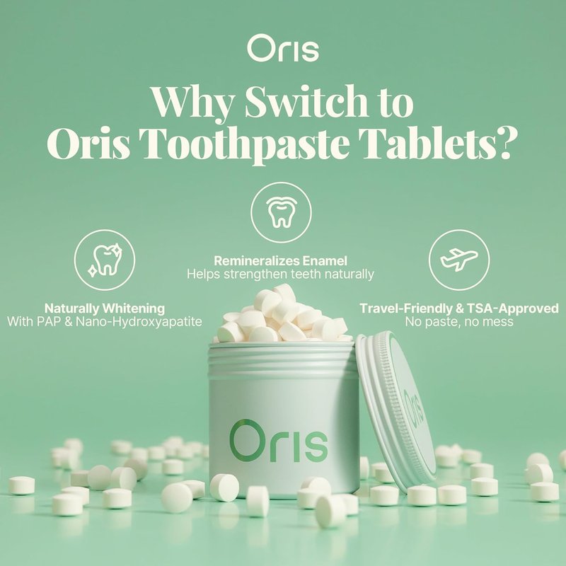 Oris Natural Toothpaste Tablets - Hydroxyapatite Enamel Remineralization | Kid-Friendly Spearmint - 62 Count
