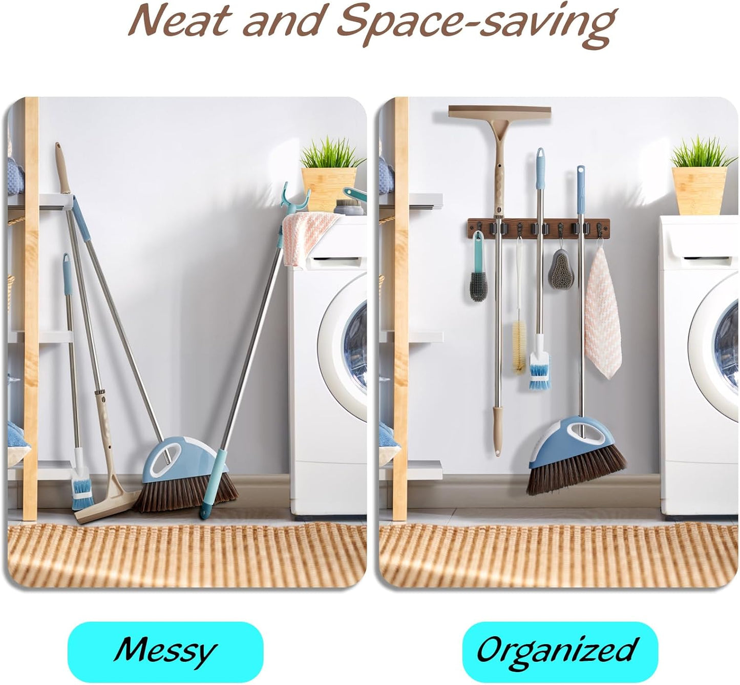 OUTNILI Mop Broom Holder Wall Mount - 2 Pack with 3 Slots & 4 Hooks for Kitchen Organization | Rustic Wood Design