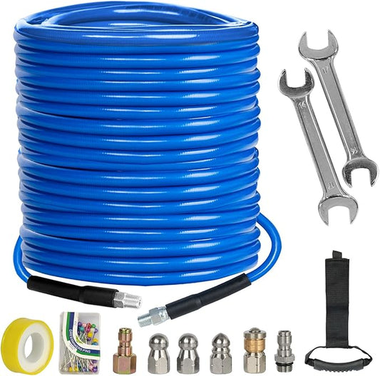Xiny Tool Sewer Jetter Kit for Pressure Washer 150FT, 4000 PSI Drain Cleaner Hose 1/4 Inch NPT, Corner Rotating and Button Hose Sewer Jetting Nozzle Pearl Corsage Pin Tape Handle Strap Spanner, Blue