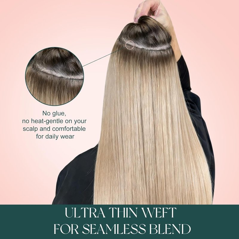 Human Hair Weft Extensions - Seamless Ash Blonde Highlights | 14 Inch, 70G Smooth Texture