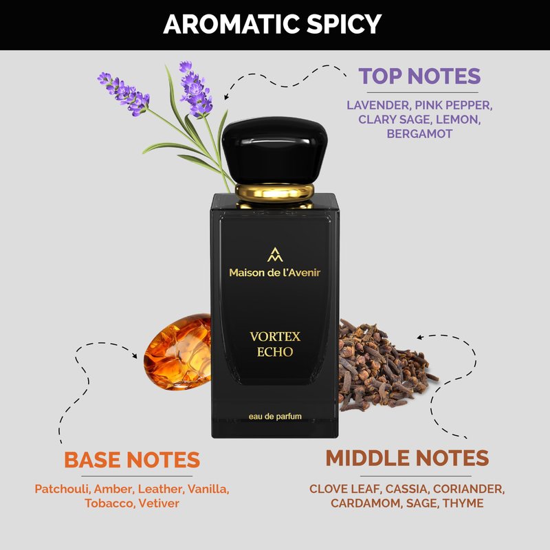 Maison de l'Avenir Vortex Echo Eau de Parfum for Men & Women, Unisex Aromatic Spicy Fragrance, Natural & Essential Oils, Long-Lasting Cologne Perfume, (12 Hours) 100 ml (3.4 fl oz)