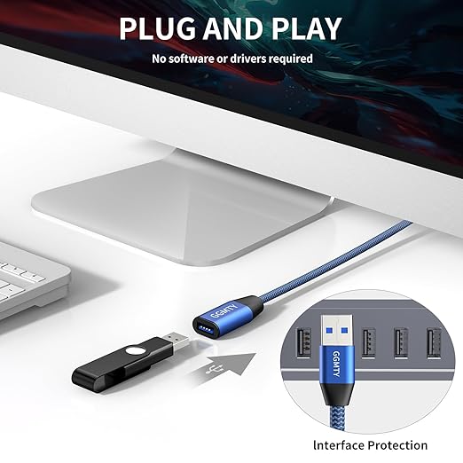 GGMTY USB 3.0 Extension Cable 1.5FT, Type A Male to Female Extender Cord, 5Gbps High Speed Data Transfer with 24/28 AWG Copper, Blue-Black Braided Short Sync Wire for Laptop, Flash Drive, PC, Car