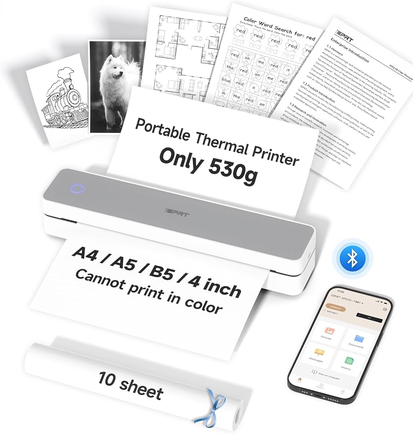 iDPRT MT610 Portable Thermal Printer, Mobile-Travel-Printers, Inkless-Wireless-Small-Printer for Home Use, Office, Vehicles, Bluetooth Printers Supports 8.5 x 11 US Letter&A4&A5, Gray White