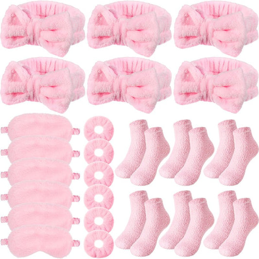 Shyyween 30 Pieces Galentine Spa Sleepover Party Supplies 6 Pink Bow Headband 6 Plush Sleep Eye Mask 6 Velvet Scrunchies 6 Pair Fuzzy Sock for Spa Slumber Party Favors Valentine Gift