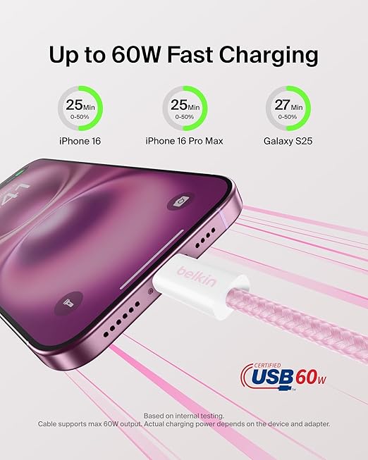 Belkin USB C to USB C Cable, 9.9ft, 60W - Type C Charger, iPhone Charger Cord, Soft, Braided, Flexible for iPhone 17, Galaxy S25, Pixel 10, Airpods, iPad Pro, Table & More, Travel Essentials - Pink
