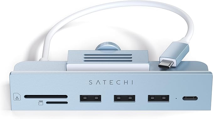 Satechi Clamp Hub USB-C – USB-C Data Port, USB-A 3.0 Data Ports, Micro/SD Card Reader – for Apple Studio Display and 24-inch iMac M1 2021. Not Compatible with 2020 and Earlier iMac Models (Blue)