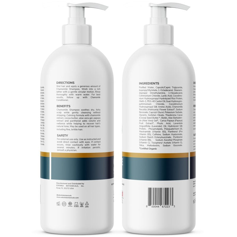 Edenika Botanicals Chamomile Shampoo with Cocoa Butter, Aloe Vera & Papaya, 16 fl oz, Calming & Hydrating Formula, Vegan, Sulfate-Free, Paraben-Free, for All Hair Types