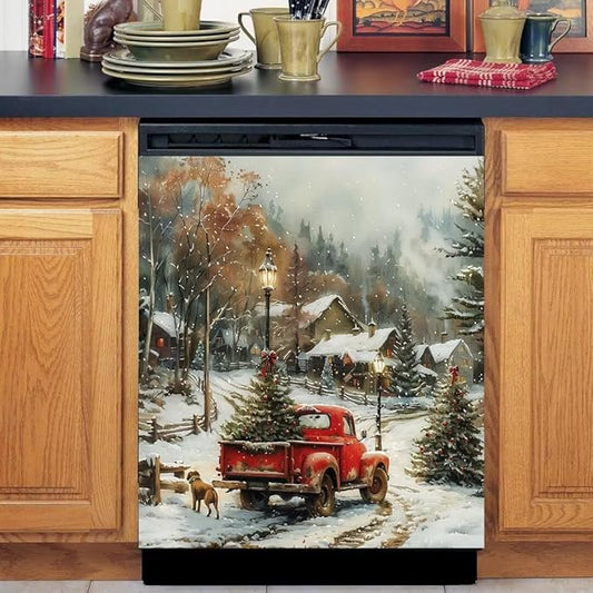 Red Truck with Christmas Tree Dishwasher Face Cover Magnetic,Forest Winter Landscapes Stickers,Xmas Streelight Sticker,Fridge Cover,23Wx26H