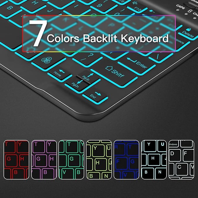 Backlit Keyboard Case for Samsung Galaxy Tab S10 Lite/S10 FE/S9 FE 5G 10.9"/ Tab S9 11", 7 Colors Backlight Detachable Magnetic Wireless Keyboard Case, PU Leather Folio Case, Black