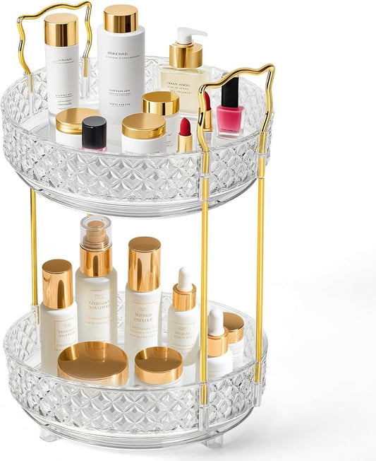 Skiennix 360 Rotating Makeup Organizer - 2-Tier Adjustable Perfume Storage for Vanity & Dresser, Clear