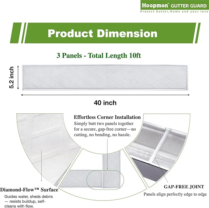 Gutter Guard â 100% Stainless-Steel Micro-Mesh Design, Pine Needle & Small Debris Protection, Fits 5 in KâStyle & HalfâRound Gutters, DIY Screws Included (10ft, 3pcs, 5in x 40in)