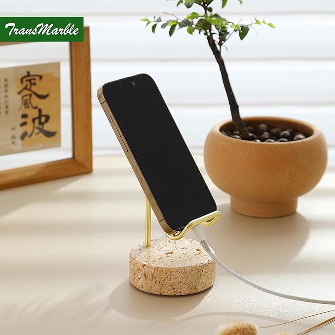 TransMarble Marble Phone Stand with Metal Holder, Charging Available While Using, Swipe Up to Unlock, Made of Natural Marble as Business Card Holder for Office Desk (Travertine Beige + Gold)