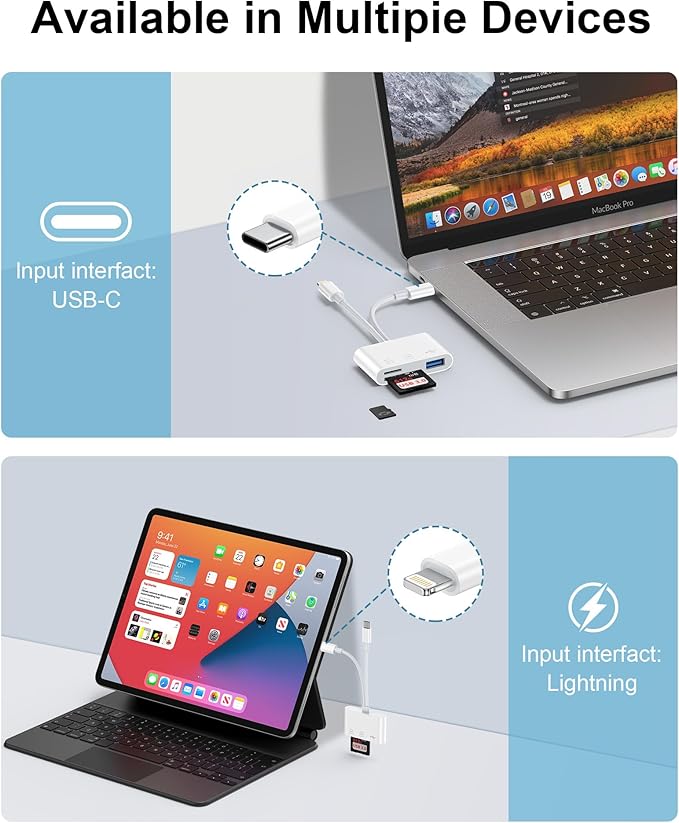 3 in 2 Lightning & USB-C SD Card Reader for iPhone 17 16 Pro Max 15 Plus 14, Dual Port OTG MicroSD Memory Card Reader Dongle Adapter with SD/TF/USB3.0 Slot for Camera iPad Galaxy S25 S24 Mac Air/Pro