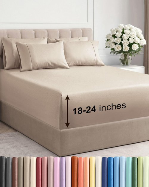 Extra Deep Cal King Sheet Set - 6 Piece Breathable and Cooling Sheets - Hotel Luxury Bedding for Women, Men, Kids & Teens - Easy Secure Fit - Soft, Wrinkle Free and Comfy - Extra Deep Pockets - Wheat
