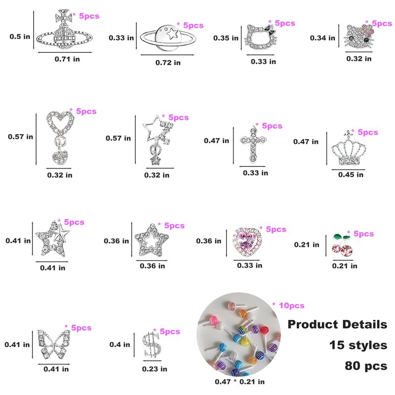 ZAKCBEAUR 80Pcs Silver Nail Charms Set with Pink Hearts，Crosses, Stars,Butterflies, Dollars, Cherries, Crowns,Lollipop Y2k Nail Gems for Women Girls Nail Decorations DIY Craft