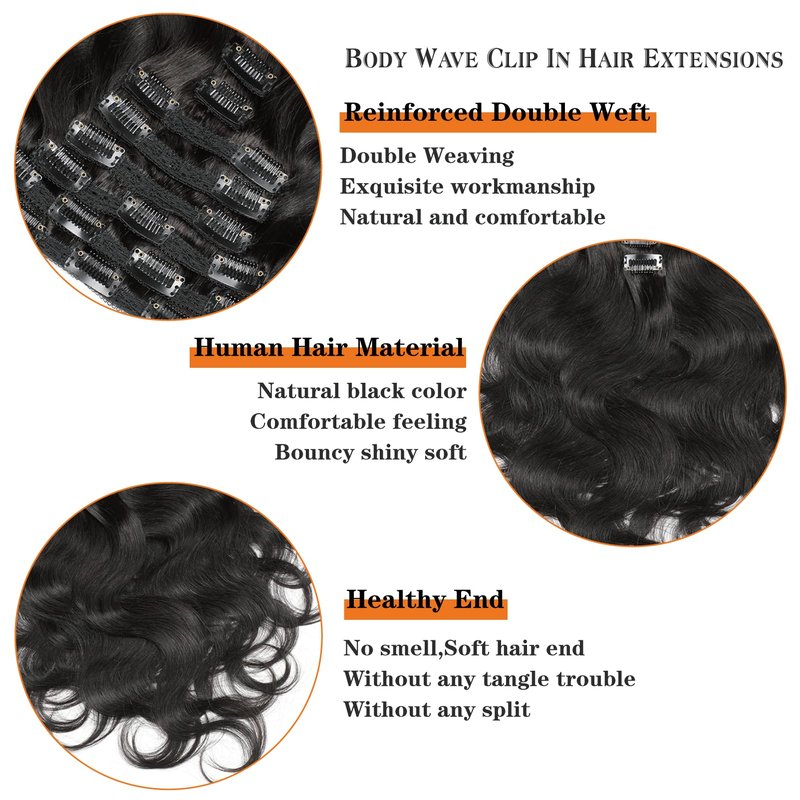 Yacurcur Body Wave Clip Ins Human Hair 8Pcs/Set 120 Gram Body Wave Clip in Hair Extensions 10A Brazilian Virgin Human Hair for Black Women Natural Black Color 16 Inch