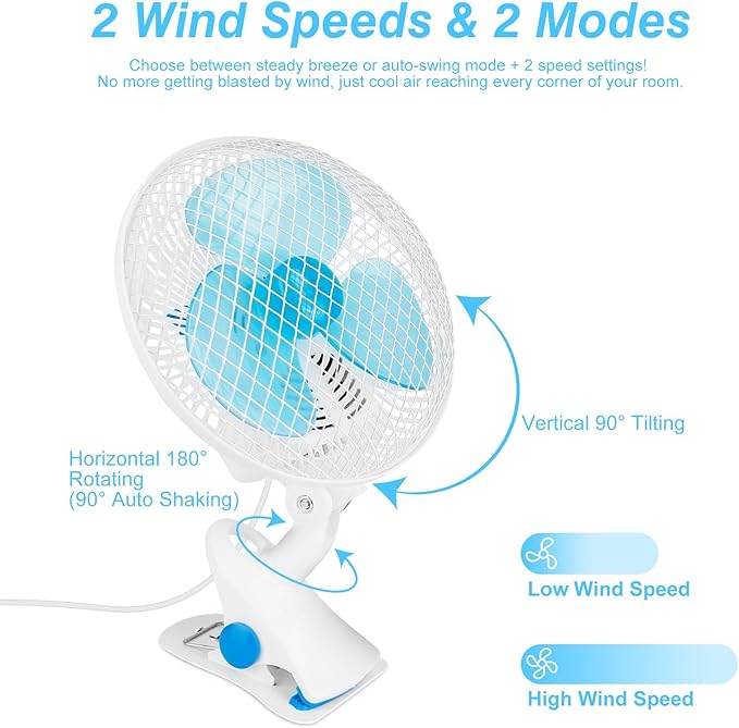 TeqHome 8.66" Portable Clip on Fan, 2 Speed Desk Fan with Auto Shaking Function, 180° Adjustable Tilt, Study Clamp, Personal Cooling Fan with 3.94ft Cord for Home Office Dorm