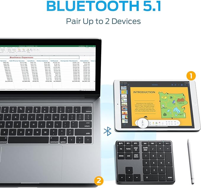 iClever Bluetooth Number Pad, Aluminum 34-Key Wireless Numeric Keypad, USB-C Rechargeable Numpad Keyboard for Data Entry and Accounting, Compatible with Laptop, Mac, Surface Pro, PC Desktop