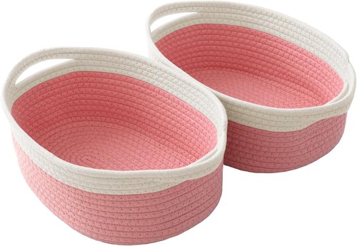 JMvicyroam Woven Basket - Small Rope Storage Bin with Handles | Versatile Organizer for Shelves & Closets - White & Pink (2 Pack)