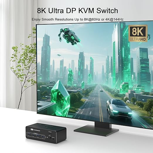 DEMEXBOOK 8K Dual Monitor DisplayPort KVM Switch 2 Monitors 2 Computers 8K@60Hz 4K@144Hz, 2 Computers Share 2 Monitors, 4 USB 3.0 Ports, Supports Extended/Copy Mode with Remote & USB Cables