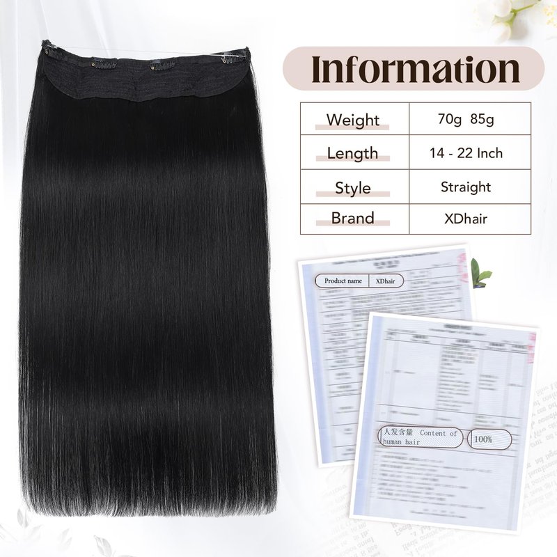 XDhair Hair Extensions Wire Human Hair 70g 14 Inch Hairpieces Jet Black Invisible Wire Hair Extensions with Adjust Secure 4 Clips(#1-14inch)
