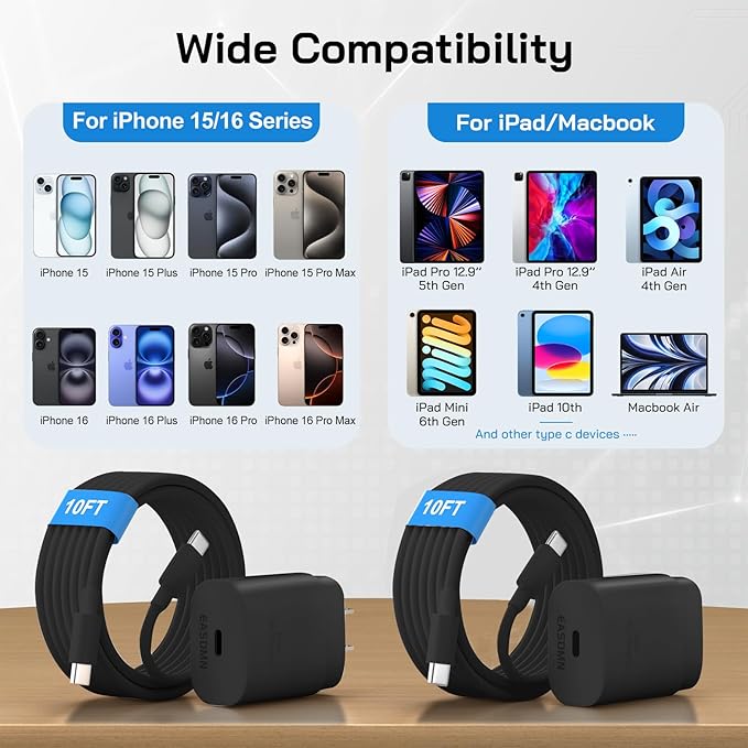 30W USB C i Phone 17 16 15 Charger Fast Charging, 2PACK Wall Charger for iPhone 16 15 Pro Max Charger Cord 10FT Fast Type C Block for iPhone 17 Pro Max/17 Air/16/15 Plus/15 Pro Max,i Pad Pro, Black