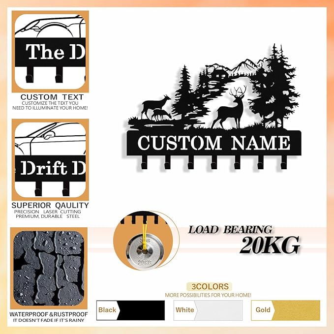 Syneiro Personalized Deer Key Holder Wall Mount, Custom Metal Key Rack Key Holder with Name, Deer Cabin Wall Keys Hanger with Hooks for Entryway, Front Door, Hallway, Kitchen, Living Room
