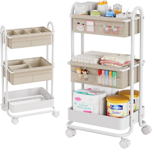 Modanais Baby Diaper Caddy Organizer Cart - 3-Tier Rolling Storage with Detachable Dividers | Off White