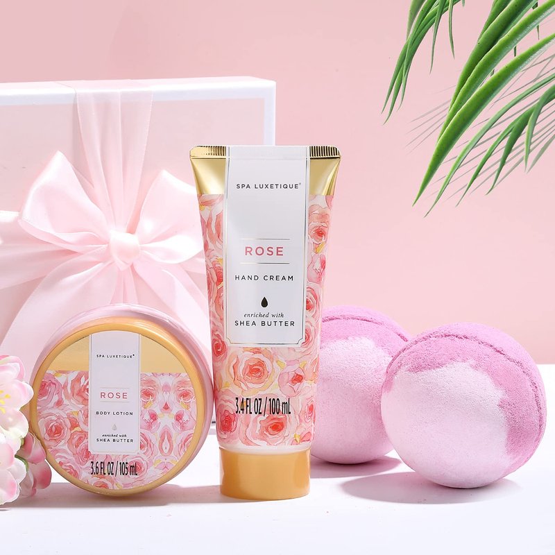 Spa Luxetique Spa Gift Baskets for Women, 12 Pcs Rose Presents Set with Bubble Bath, Bath Bombs, Body Lotion, Hand Cream, Christmas Gift Basket for Mom