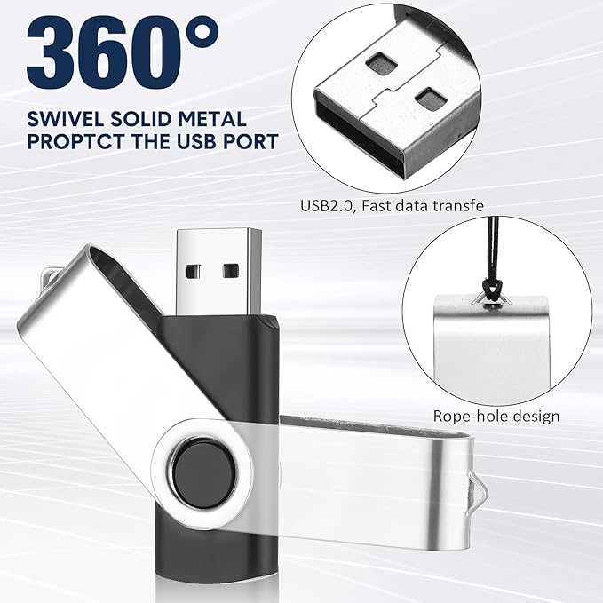 Aoriher 50 Pack USB 2.0 Flash Drives Bulk, Portable USB Thumb Drives with Lanyards, Swivel Flash Drives Thumb Drives for Office School Data Storage(Black,4gb)